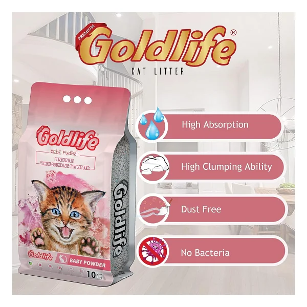 Goldlife Bebek Pudrası Kokulu 10 lt İnce Taneli Bentonit Kedi Kumu - Görsel 3