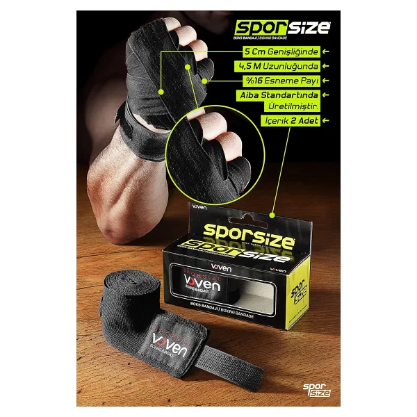 Sporsize Voven Boxing Muay Thai Bandage Black Boks Bandajı Muay Thai Bandajı El Sargısı Tüm Ebatlar, Renkler (Beyaz, 4,5 Metre) - Görsel 3