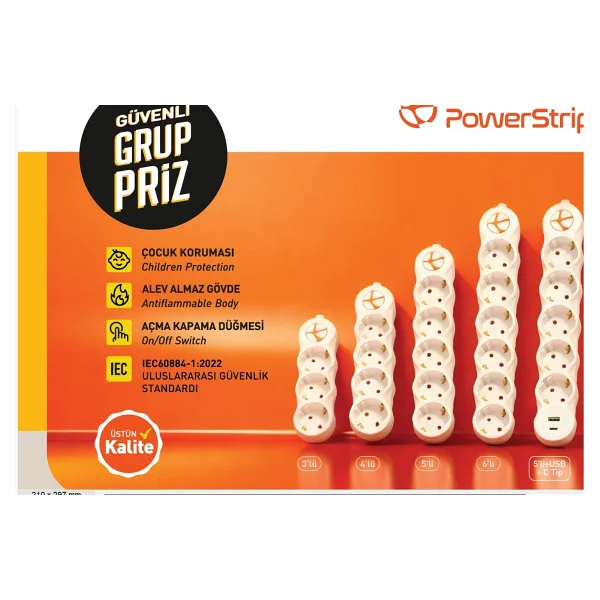 Tunçmatik TUNCMATIK POWERSTRIP5 5 li 1,5m IEC 66884-1:2022 Standartı, FR(Alev Almaz)anahtarlı grup priz - Görsel 2