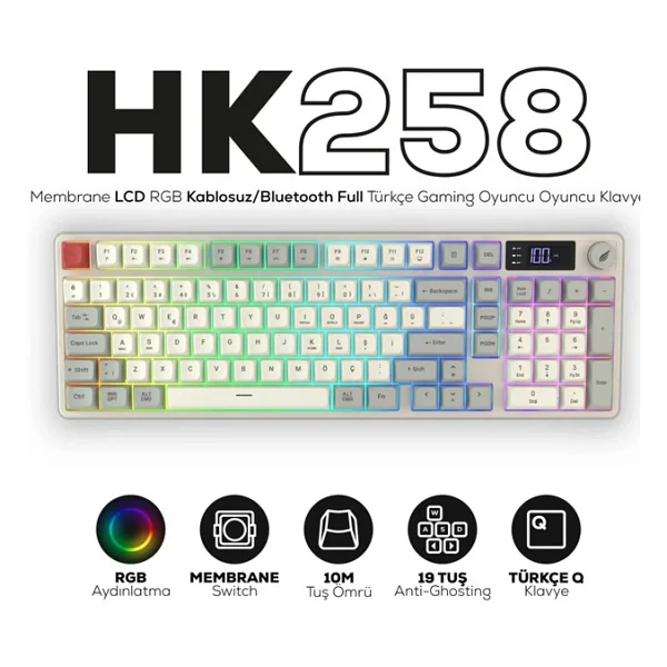 Hawk Gaming HK258 RGB Membrane Switch Kablolu/Kablosuz Oyuncu Klavyesi