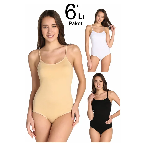 Tutku Kadın Siyah 6'lı Paket İp Askılı Likralı Kancalı Çıtçıtlı Body - Görsel 5