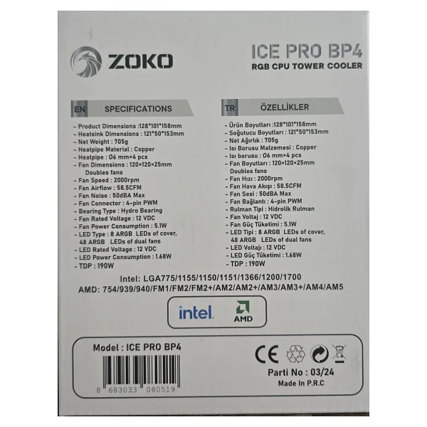 Zoko Ice Pro Wp4 Beyaz Auto Rainbow Fanlı Kule İşlemci Fanı - Görsel 4