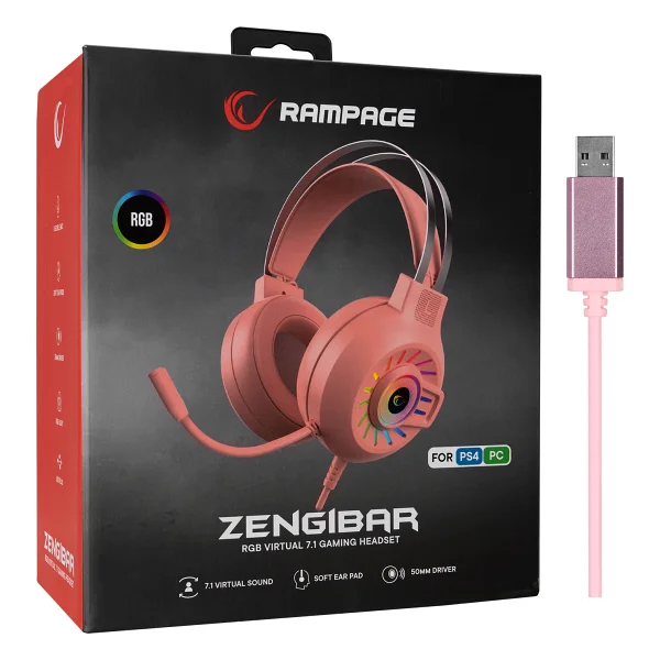 Rampage Zengibar Rm-K44 Pembe RGB 7.1 USB Kulak Üstü Oyuncu Kulaklığı - Görsel 8