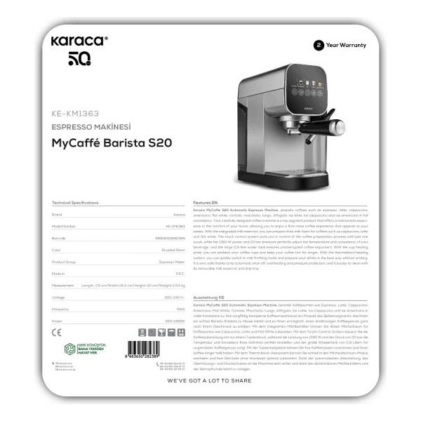 Karaca Mycaffee Barista S20 Yarı Otomatik Espresso Makinesi - Görsel 10
