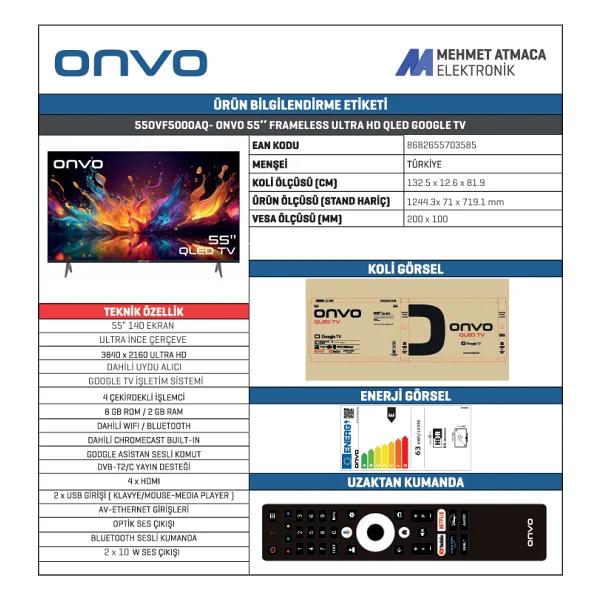 Onvo 55ovf5000aq Frameless 4K Ultra HD 55" 140 Ekran Uydu Alıcılı Google Smart QLED TV - Görsel 2