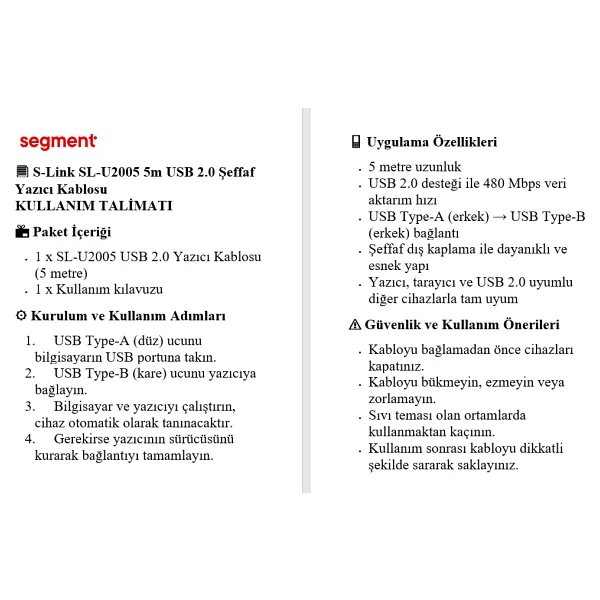 S-Link Sl-U2005 5 M USB 2.0 Yazıcı Kablosu - Görsel 8