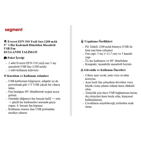 Everest Efn-510 Şarjı Masaüstü Vantilatör - Görsel 9