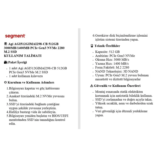Agi AGI512GIMAI298-CB PCI-Express 3.0 512 GB M.2 SSD - Görsel 8