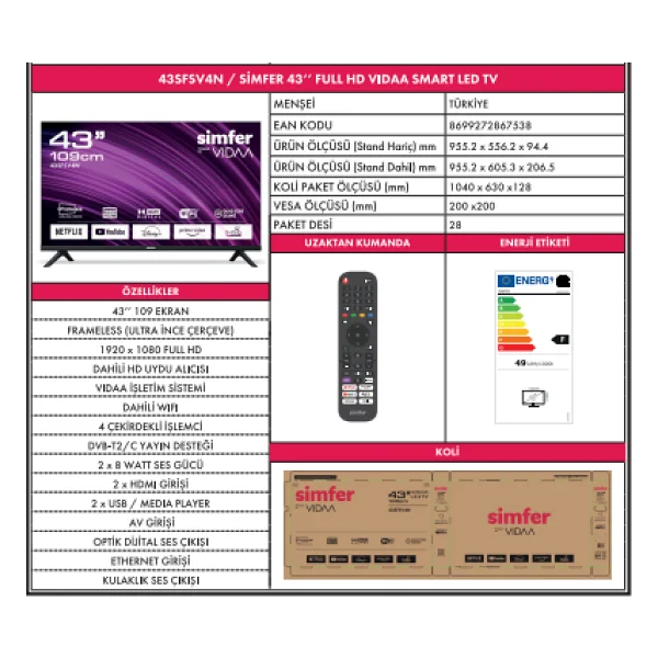 Simfer 43sfsv4n Full HD 43" 109 Ekran Uydu Alıcılı Smart LED TV - Görsel 8