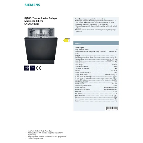 Siemens Iq100 Sn616x00dt 6 Programlı Ankastre Bulaşık Makinesi - Görsel 9