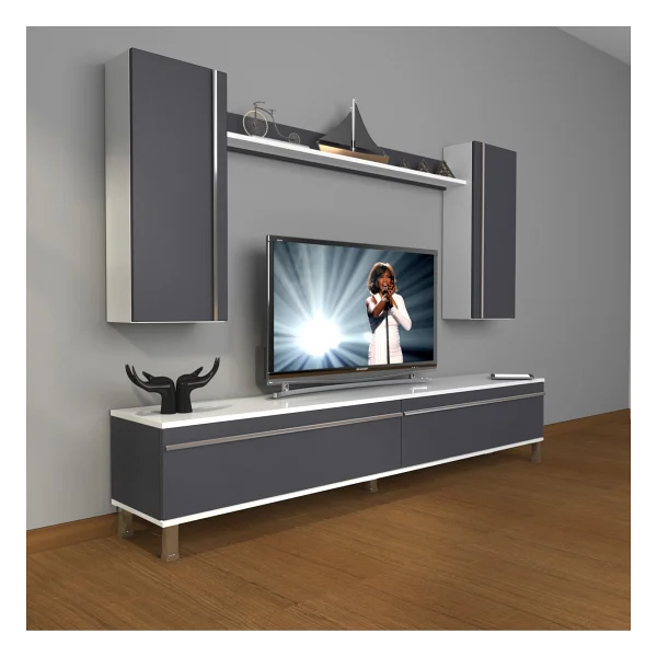 Decoraktiv Eko 5d Mdf Std Krom Ayaklı TV Ünitesi TV Sehpası Beyaz Siyah - Beyaz - Siyah - Görsel 3
