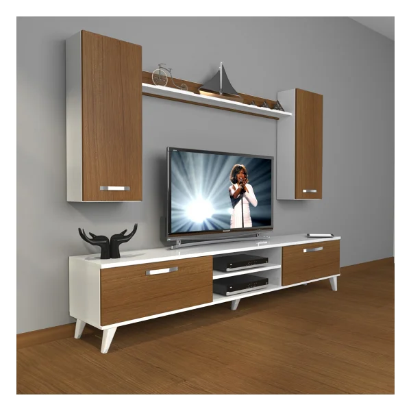 Decoraktiv Eko 5d Slm DVD Retro TV Ünitesi TV Sehpası Beyaz Ceviz - Beyaz - Ceviz - Görsel 2