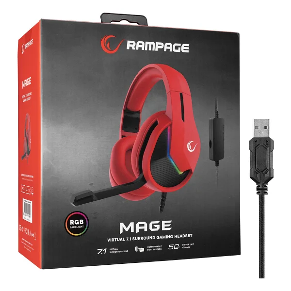 Rampage Mage Kırmızı RGB 7.1 USB Kablolu Kulak Üstü Oyuncu Kulaklığı - Görsel 5