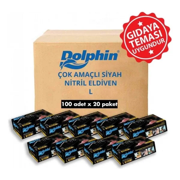 Dolphin Pudrasız Çok Amaçlı Siyah Nitril Büyük Boy (L) 100'lü 20 Paket Eldiven - Görsel 3