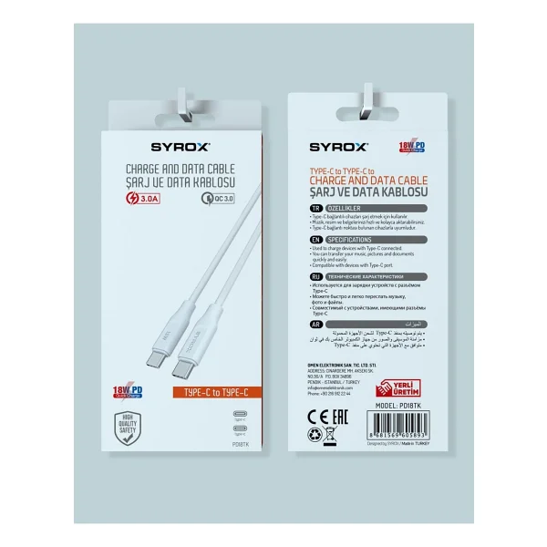 Syrox Pd18tk 1 M 3a 18w Type-C To Type-C Şarj Kablosu - Görsel 3