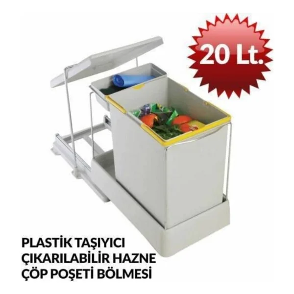 Pelikan Carrier 21500 Raylı Dolap İçi Mutfak Çöp Kovası 20+1 Lt - Görsel 3