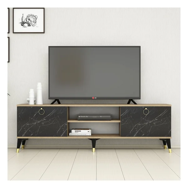 Ferniso Mobilya 160 Cm TV Ünitesi Çam-Mermer Desen - Abanoz - Antrasit - Görsel 2