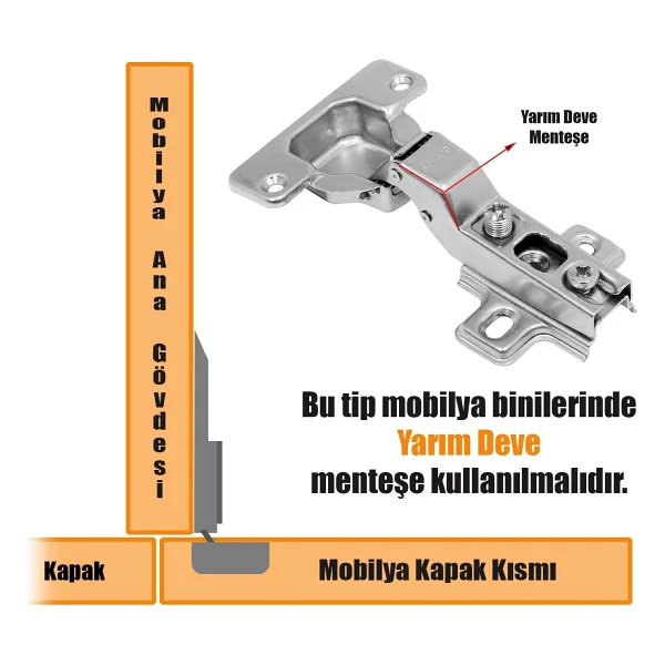 Samet Star Mobilya Dolap Kapak Menteşesi Yarım Deve Tas Mentese ( 1 Çift) - Görsel 2