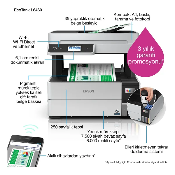 Epson Ecotank L6460 Wi-Fi + Tarayıcı + Fotokopi Renkli Çok Fonksiyonlu Tanklı Mürekkep Püskürtmeli Yazıcı - Görsel 4