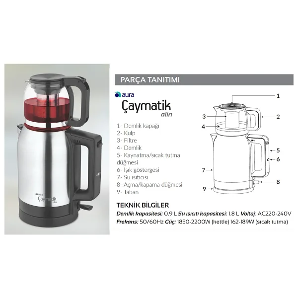 İhlas Aura Alin Cam Demlikli 2200 W Çay Makinesi - Görsel 2