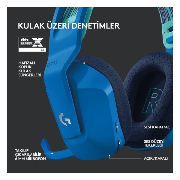 Logitech G733 Lightspeed Mavi RGB 7.1 Kablosuz Kulak Üstü Oyuncu Kulaklığı - Görsel 5
