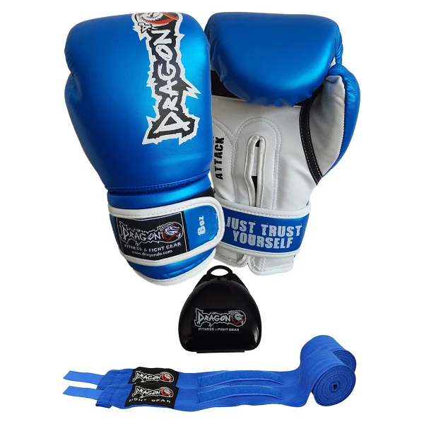 Dragon Attack 5 Boks Eldiveni Seti Boks Eldiveni Bandaj Ve Dişlik 3'lü Set - 10 Oz - Mavi - Görsel 8