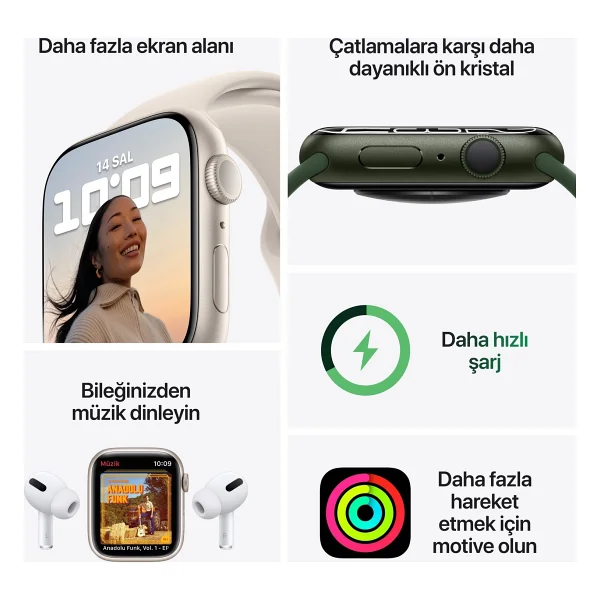Apple Watch Series 7 GPS 41mm Yeşil Alüminyum Kasa Ve Spor Kordon Akıllı Saat - Görsel 8