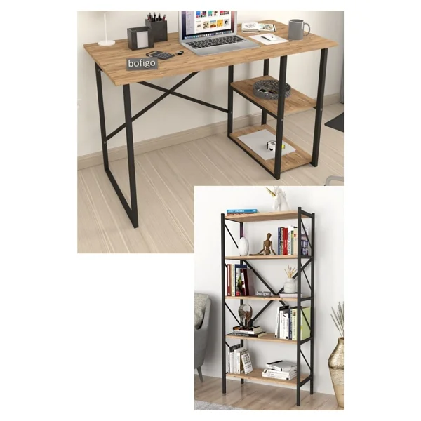 Bofigo 2 Raflı Çalışma Masası Bilgisayar Masası Ofis Ders Masası + 5 Raflı Kitaplık Metal Kitaplık Çam - Y: 75 Cm D: 60 Cm G: 120 Cm - Görsel 7
