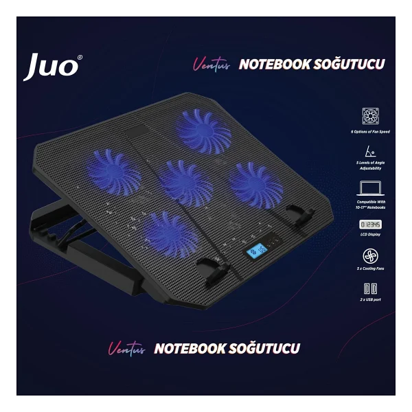 Juo Ventus 5 Fanlı LED Aydınlatmalı Laptop Soğutucu - Görsel 2
