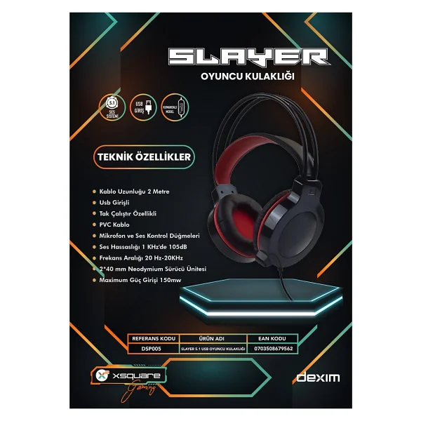Dexim Slayer USB Profesyonel Mikrofonlu Oyuncu Kulaklığı - Kırmızı - Görsel 5
