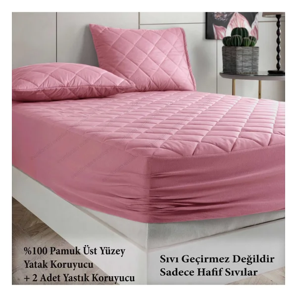 Formeya Pamukkale Alez Set Pembe Pamuk Kapitone Yatak Koruyucu Alez Ve Yastık Koruyucu Set - 140 X 190 Cm - Görsel 7