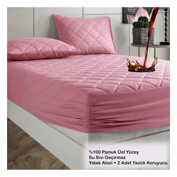 Formeya Pamukkale Alez Set Pembe % 100 Pamuk Kapitone Sıvı Geçirmez Alez Ve Yastık Koruyucu Set - 90 X 200 Cm - Görsel 5