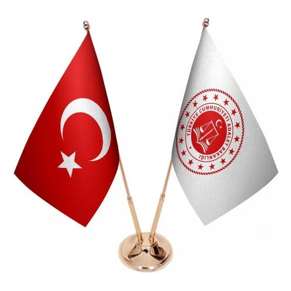 Satürn Design Masaüstü Adalet Bakanlığı Bayrağı Türk Bayrağı İkili Pirinç Direk Masa Bayrak Seti - Görsel 2