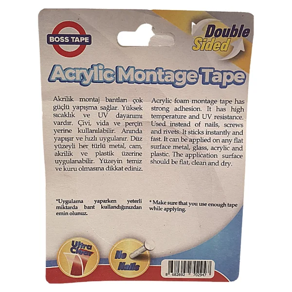 Boss Tape Çift Taraflı Akrilik Montaj Bandı Şeffaf 18 mm x 2 M - Görsel 3
