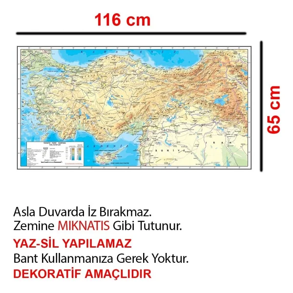 Tutunabilir Kağıt Türkiye Fiziki Haritası Dekoratif Türkiye Haritası Akıllı Kağıt Tahta 116x65 Cm - Görsel 5