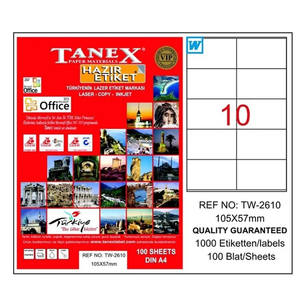 Tanex Tw-2610 105x57 Mm 10'lu 100 Sayfa A4 Lazer Etiket - Görsel 2