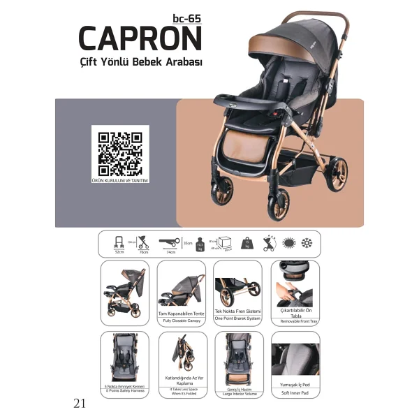 Baby Care BC-65 Capron Lüx Çift Yönlü Bebek Arabası Siyah - Görsel 4
