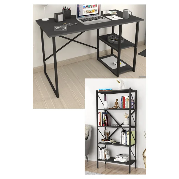 Bofigo 2 Raflı Çalışma Masası Bilgisayar Masası Ofis Ders Masası + 5 Raflı Kitaplık Metal Kitaplık Çam - Y: 75 Cm D: 60 Cm G: 120 Cm - Görsel 9