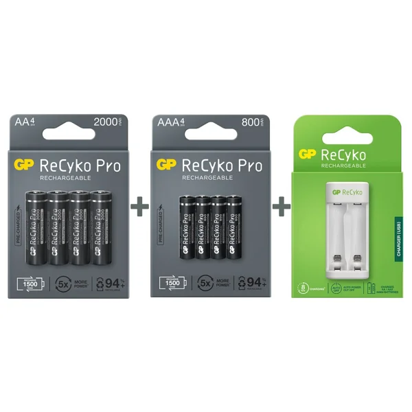 Gp E211 USB Pil Şarj Cihazı + Recyko Pro 2000 mAh 4'lü Şarjlı Aa + 800 mAh 4'lü Şarjlı Aaa Pil - Görsel 4