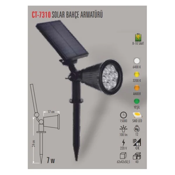 Cata Ct-7310 Zena 7 W LED Yeşil Işık Kazıklı Solar Bahçe Armatürü - Görsel 6