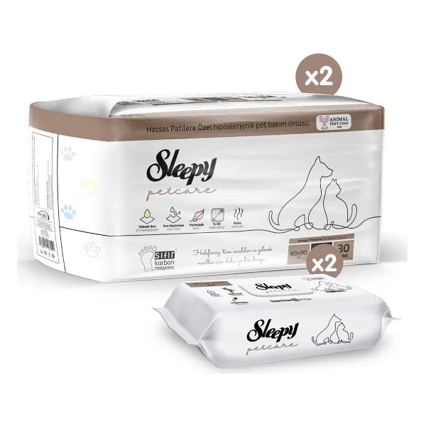 Sleepy Petcare 2x30 Adet Pet Bakım Örtüsü + 2x60 Evcil Hayvan Islak Havlusu - Beyaz - Görsel 4