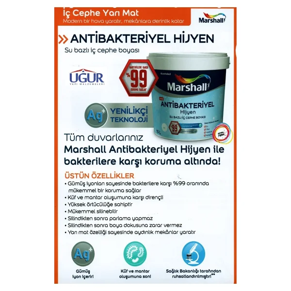 Marshall Antibakteriyel Hijyen 2.5 Lt Silinebilir İç Cephe Boyası - Kum Beji - Görsel 2