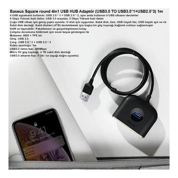 Baseus Square Round 4 Port USB Çoğaltıcı - Görsel 3
