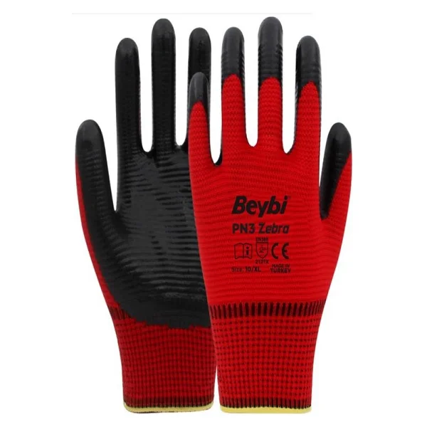 Beybi PN3 Zebra Polyester Örme Nitril İş Eldiveni