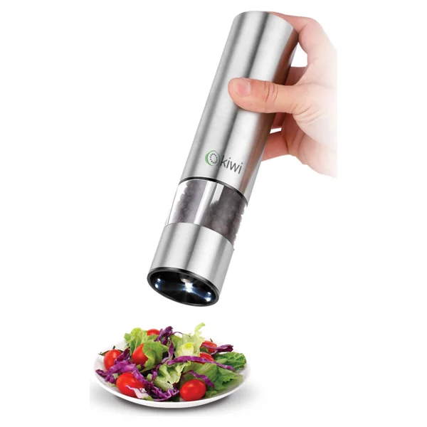 Kiwi Pilli LED Işıklı Baharat Öğütücü Otomatik Tuz Karabiber Değirmeni - Gri - 350 Ml - Görsel 3