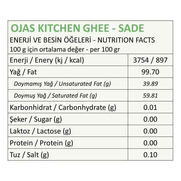 Ojas Kitchen Sade & Zerdeçallı Ghee (Sade Yağ) 2 X 225 Gr - Laktozsuz Gdo' Suz Saf Yağ - 450 Gr - Görsel 2