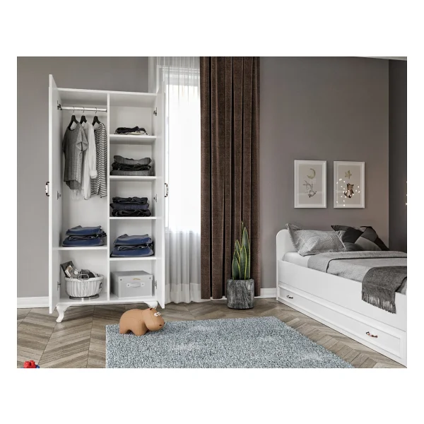 Kzn Home Kartopu Country Oda Takımı - Yavrulu Karyola, 2 Kapaklı Gardırop, 3 Çekmeceli Şifonyer Tamamı Mdf - Beyaz - Görsel 2