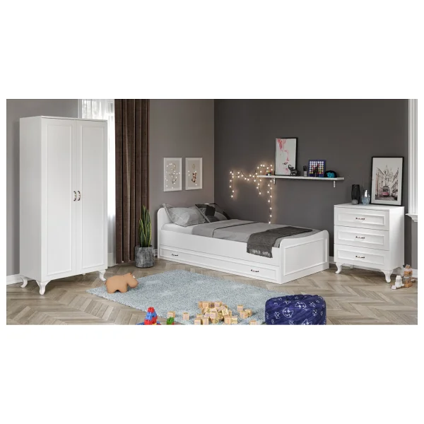 Kzn Home Kartopu Country Oda Takımı - Yavrulu Karyola, 2 Kapaklı Gardırop, 3 Çekmeceli Şifonyer Tamamı Mdf - Beyaz - Görsel 3