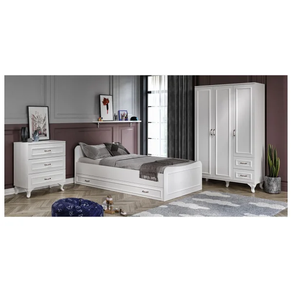 Kzn Home Kartopu Country Oda Takımı - 3 Kapaklı Gardırop, Yavrulu Karyola, 3 Çekmeceli Şifonyer Tamamı Mdf - Beyaz - Görsel 4