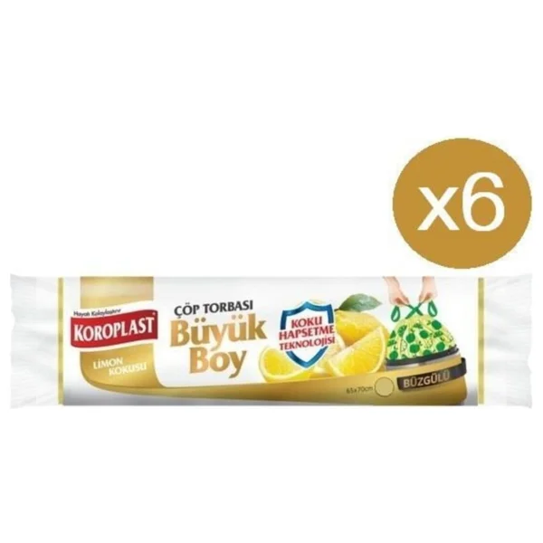 Koroplast Ekstra Güçlü Limon Kokulu Büzgülü Büyük Boy Çöp Poşeti 10'lu 6 Adet - Görsel 2